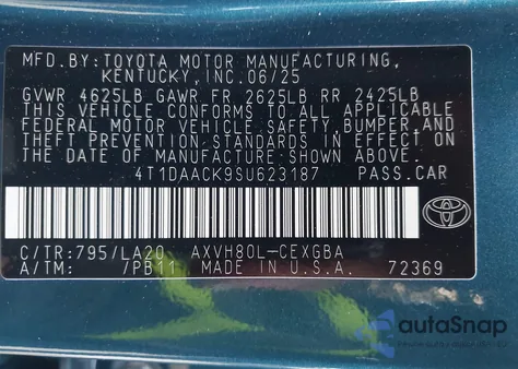 2025 Toyota Camry Xle z USA, uszkodzony, nr VIN 4T1DAACK9SU623187